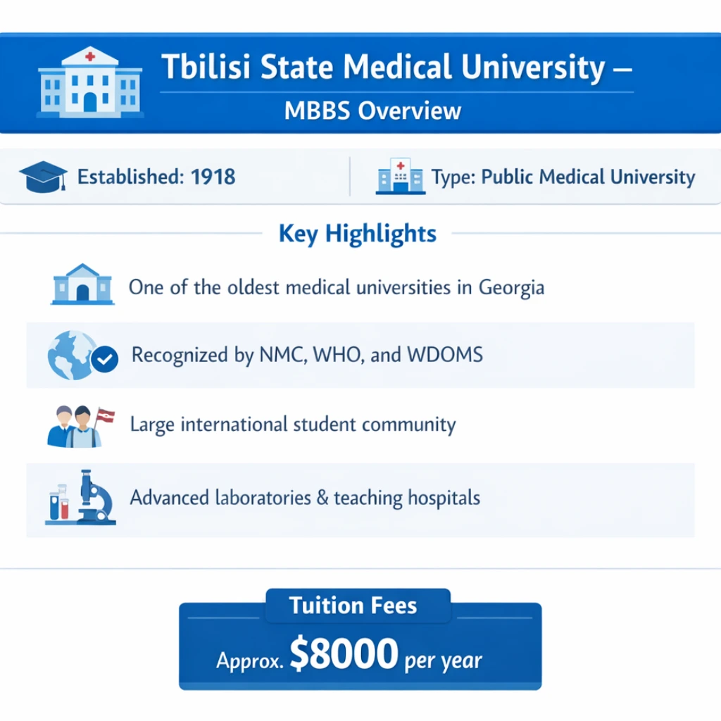Tbilisi State Medical University infographic explaining tuition fees, English medium education, global recognition, FMGE requirement, and language challenges for Indian students